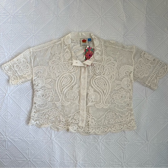 Farm Rio Short-Sleeve Guipure Lace Button down Top Size XL - Picture 8 of 10